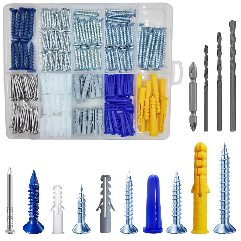 Wensilon (274 pcs) Plastic Drywall Wall Anchors Kit with Screws， Concrete Screw kit Wall Anchor Set Suitable for Brick and Cement Walls - Image 1